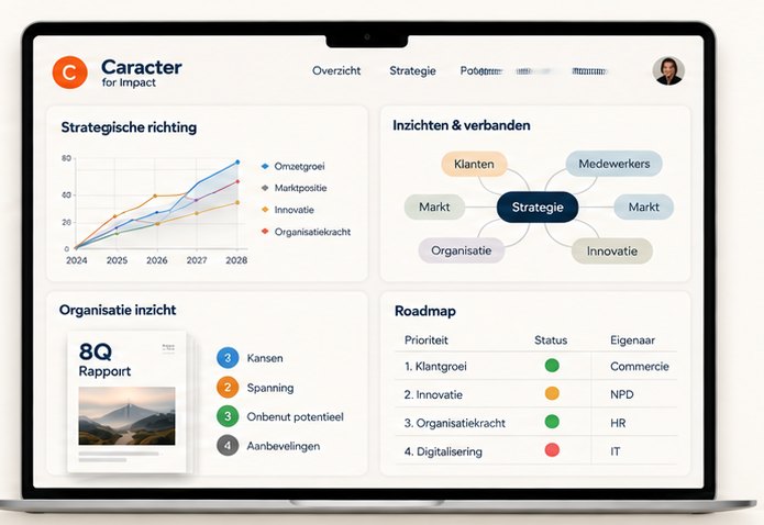 Voorbeeld van de Caracter strategiecockpit met strategische richting, inzichten, organisatie-inzicht en roadmap